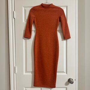 Lulu's Conversation Starter Rust Orange Mock Neck Midi Dress